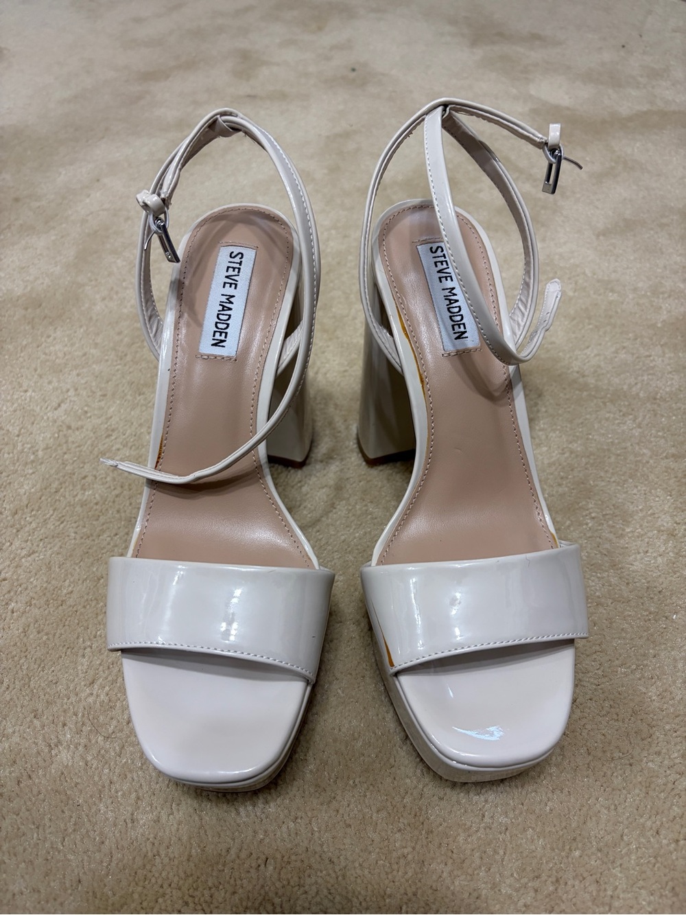 Steve Madden Beige Patent Slingback Block Heel Sandals